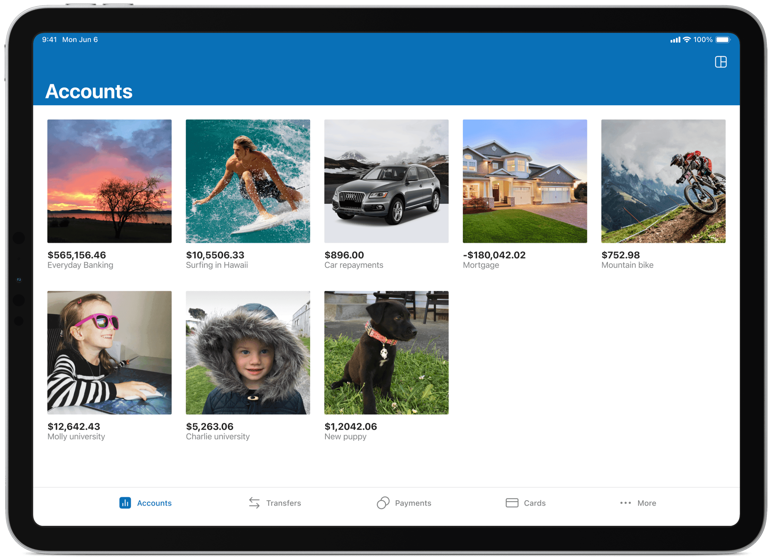 Tablet Accounts dashboard displaying a grid layout of photo tiles representing customised savings goals, including 'Surfing in Hawaii,' 'Mortgage,' and 'New puppy,' built for goal-oriented navigation.