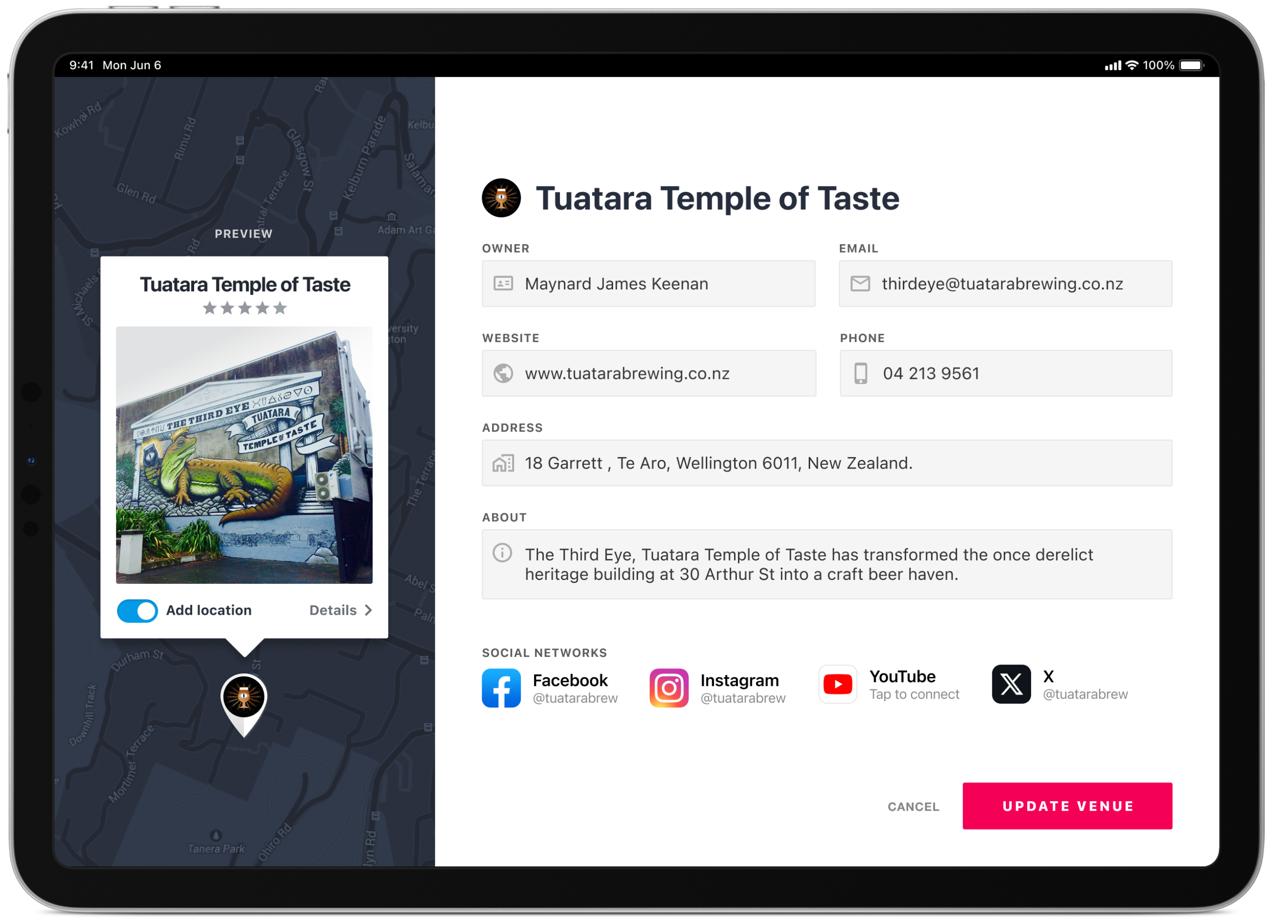 Manage your venue contact details and socials iPad