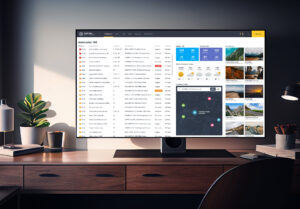 Large desktop monitor on a wooden desk displaying a Central Police Dispatch dashboard UI with active job feeds, unit metrics, map tracking, and live camera streams.