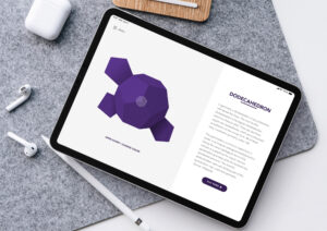 iPad mockup displaying an origami app screen with an interactive 3D purple dodecahedron diagram and descriptive text, surrounded by an Apple Pencil and AirPods.