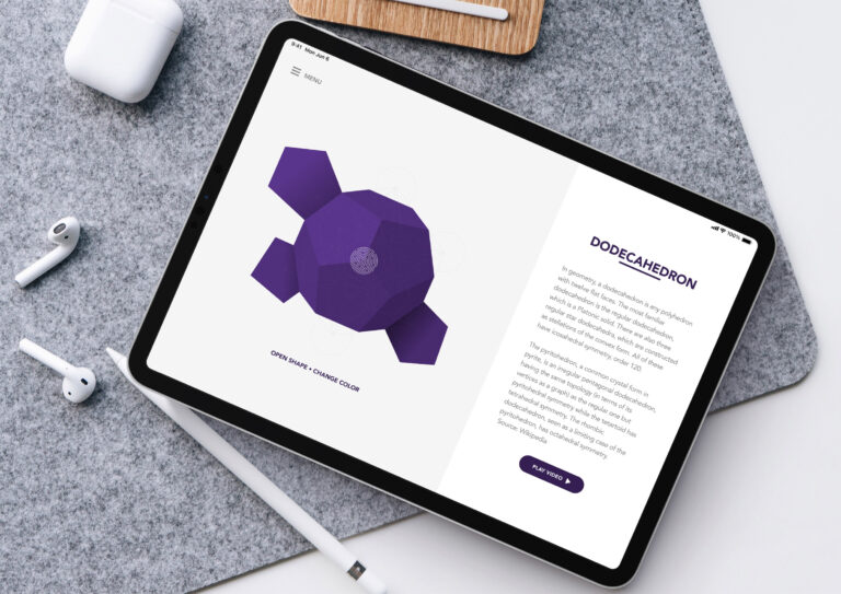 iPad mockup displaying an origami app screen with an interactive 3D purple dodecahedron diagram and descriptive text, surrounded by an Apple Pencil and AirPods.