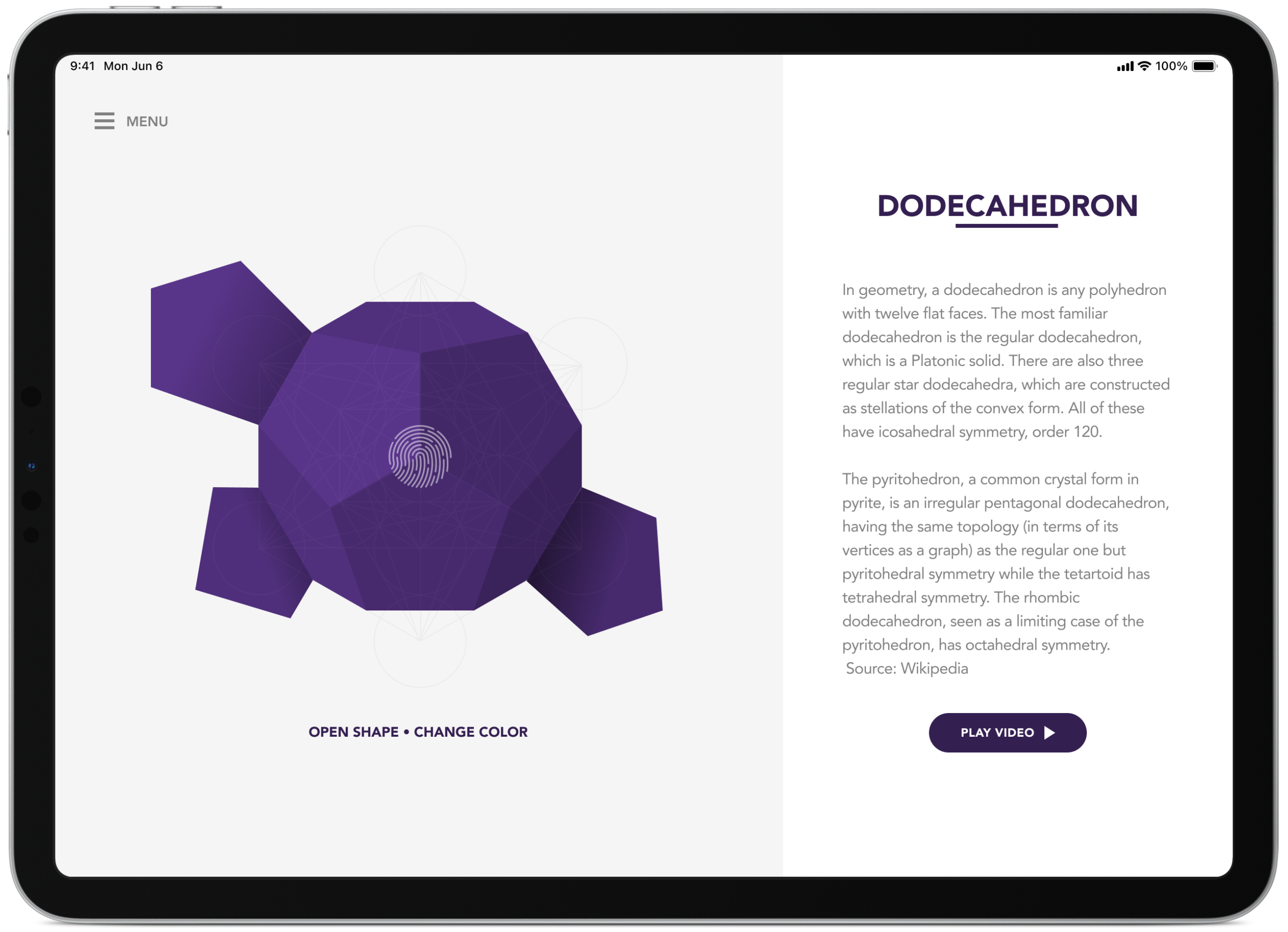Interactive shape detail screen on a tablet displaying an expandable purple dodecahedron geometry with accompanying description text.