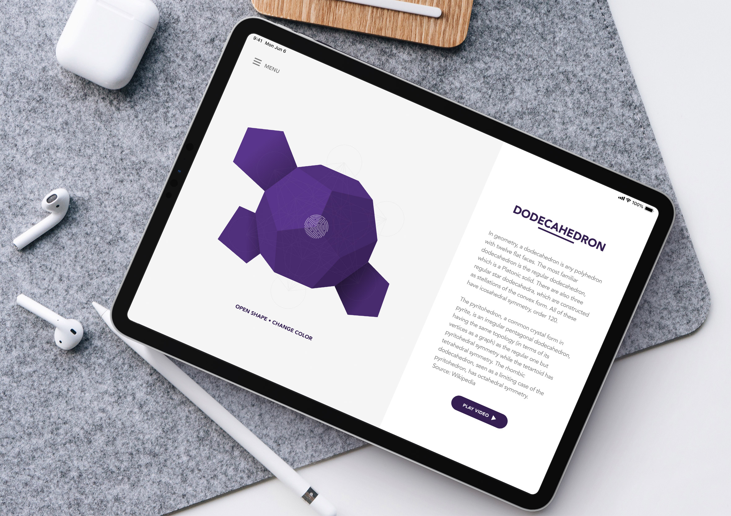 iPad mockup displaying an origami app screen with an interactive 3D purple dodecahedron diagram and descriptive text, surrounded by an Apple Pencil and AirPods.