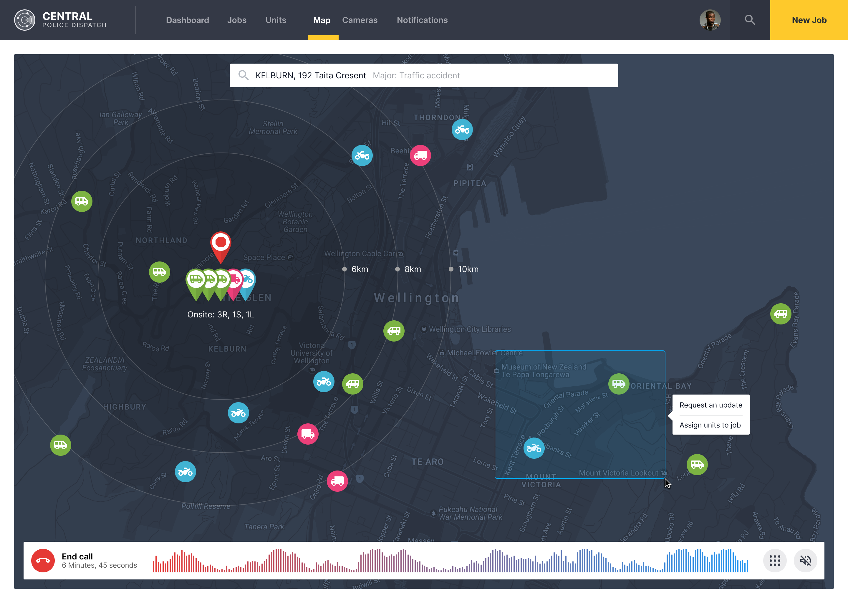 Police dispatch dashboard map view showing active caller location