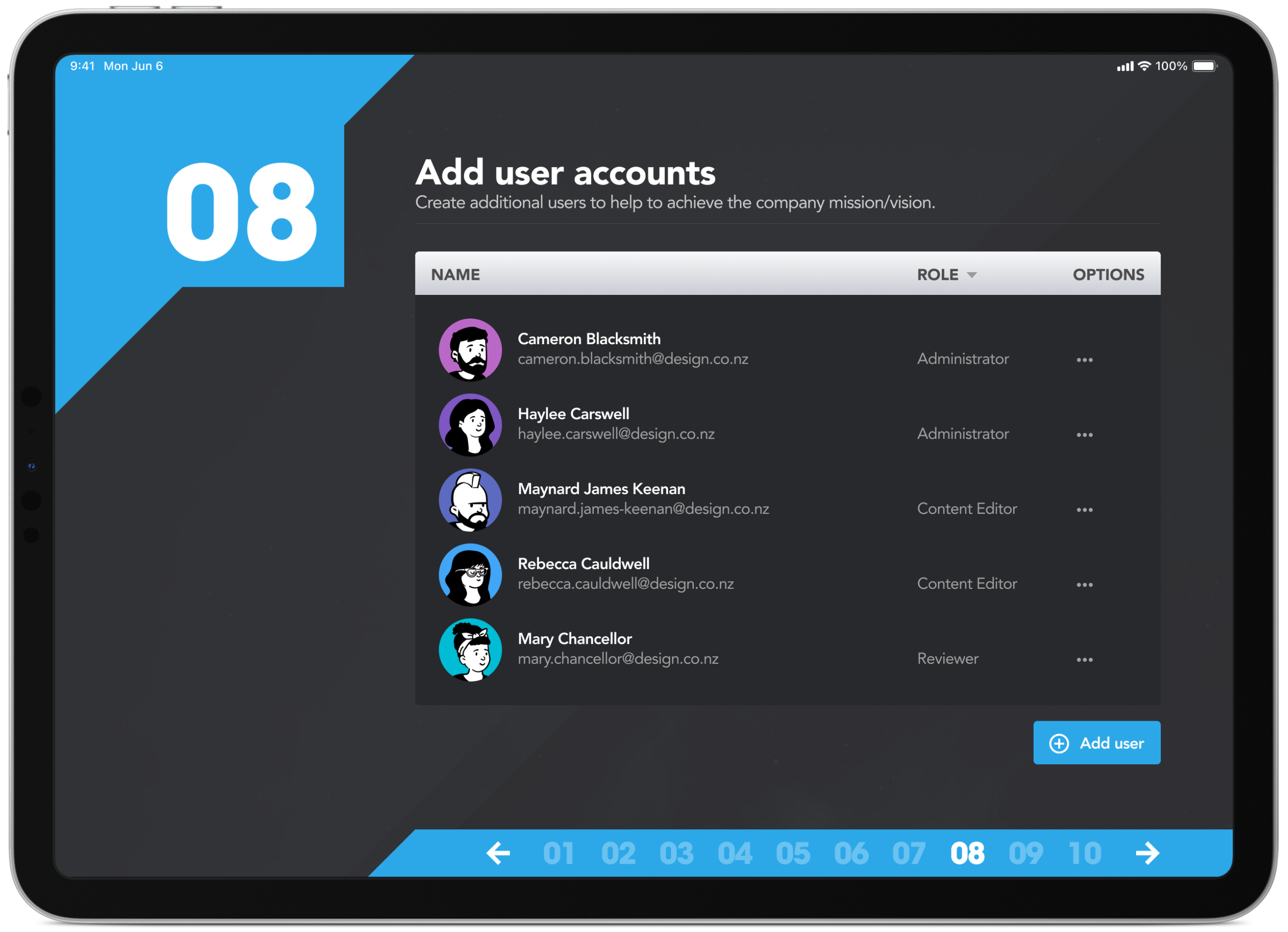 StrategyBlocks add team members screen during onboarding, shown on iPad