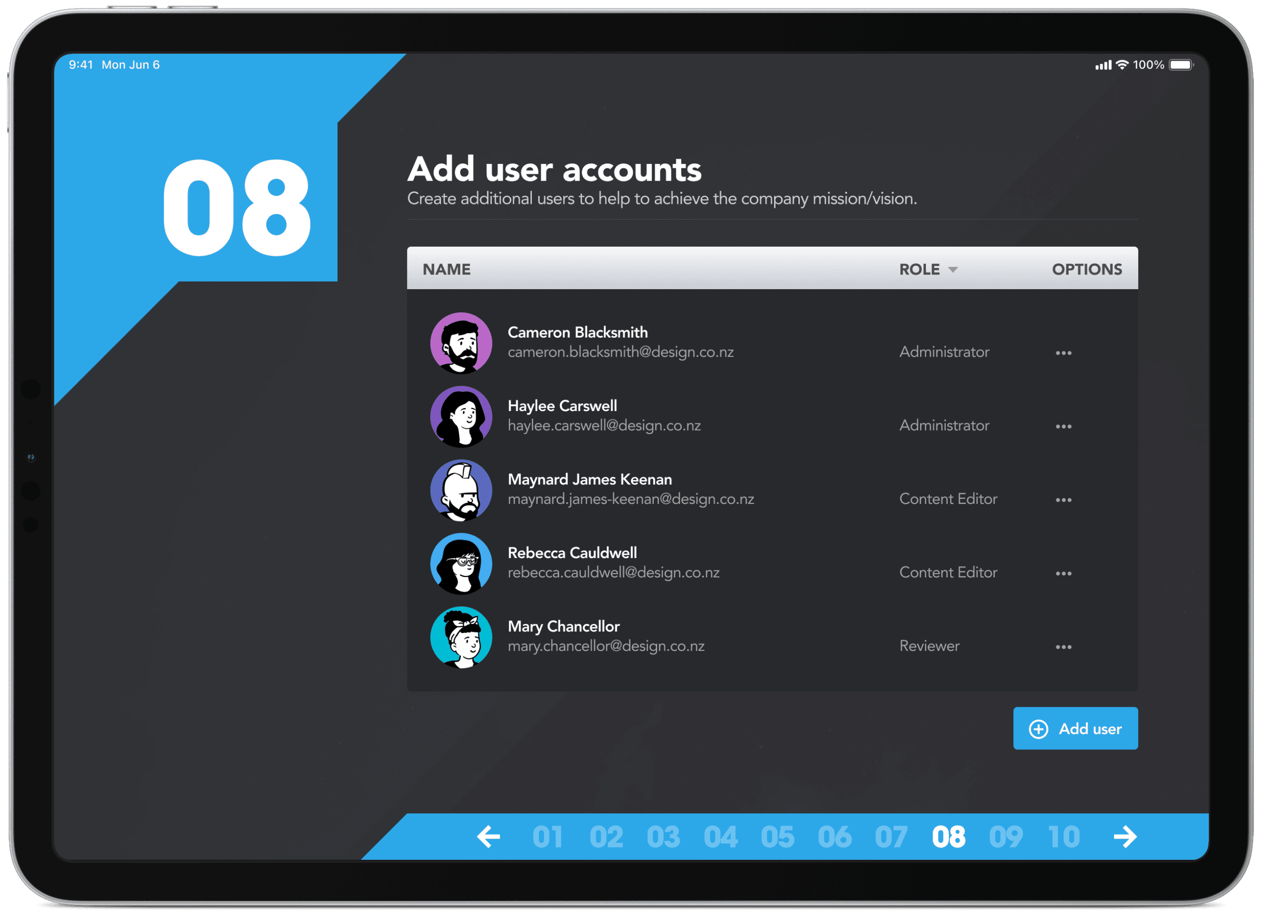 Step 8 team management interface showing populated list of user accounts with assigned roles (Administrator, Content Editor, Reviewer) and a blue "Add user" button for organisational collaboration.