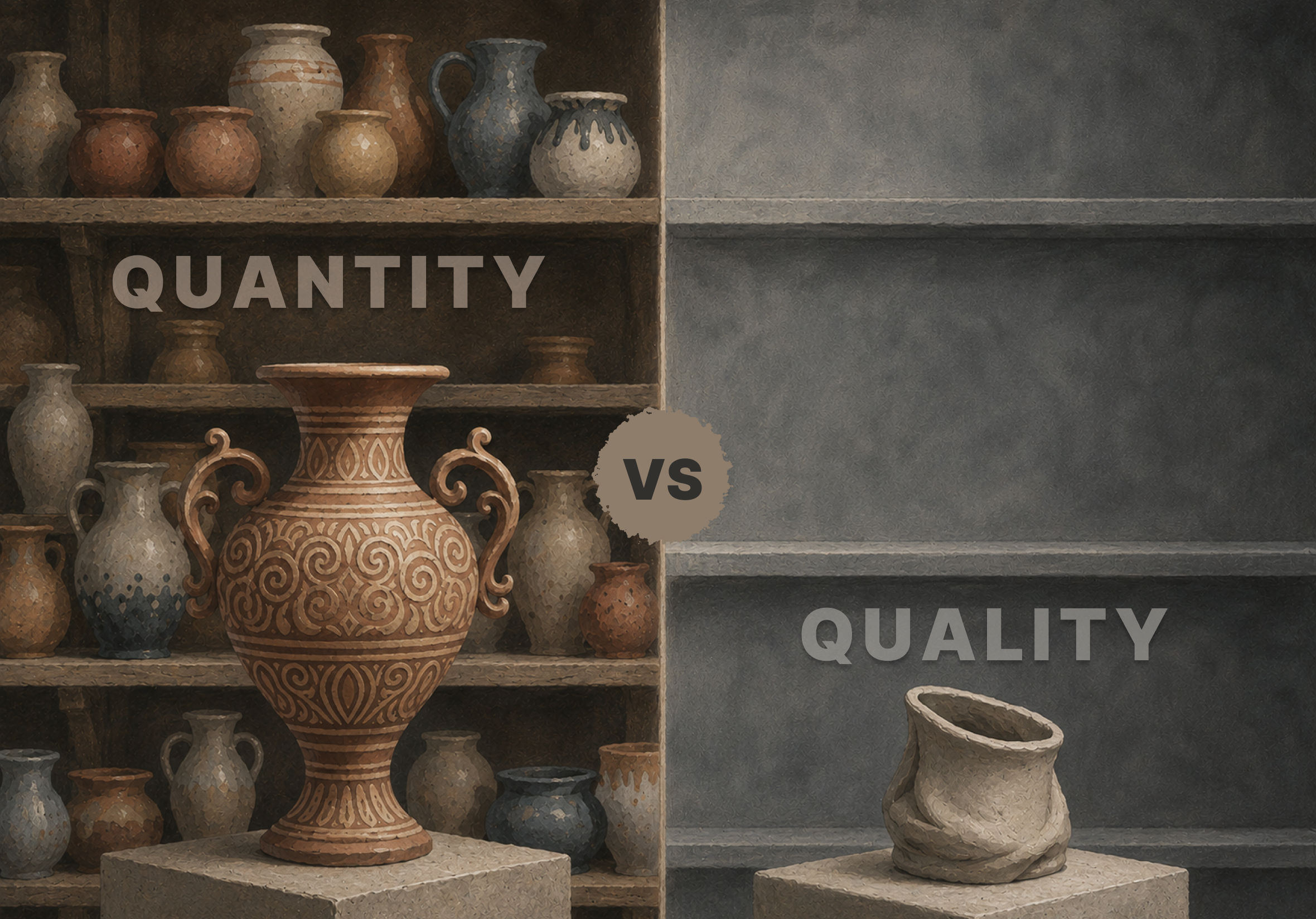 Split image comparing an ornate gold vase labelled Quantity against a single lopsided grey pot labelled Quality
