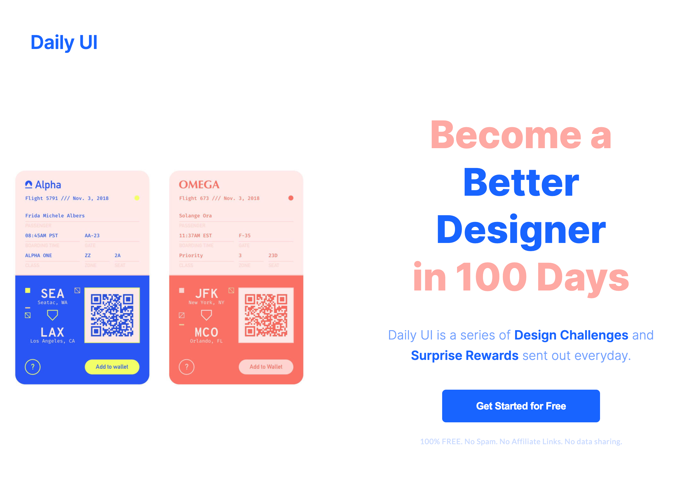 Landing page layout promoting Daily UI with digital boarding pass previews and a call-to-action button.