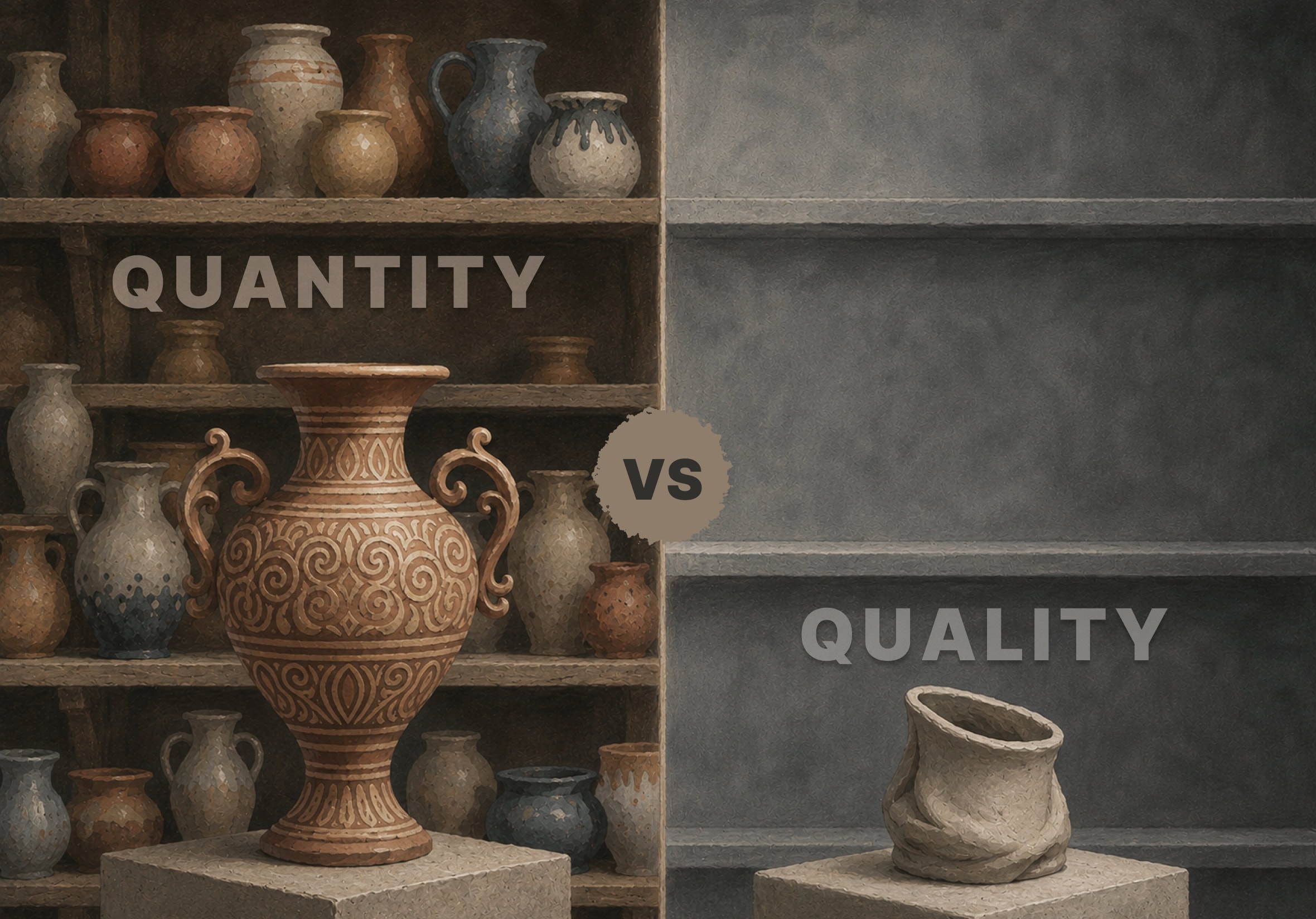 Split image comparing an ornate gold vase labelled Quantity against a single lopsided grey pot labelled Quality