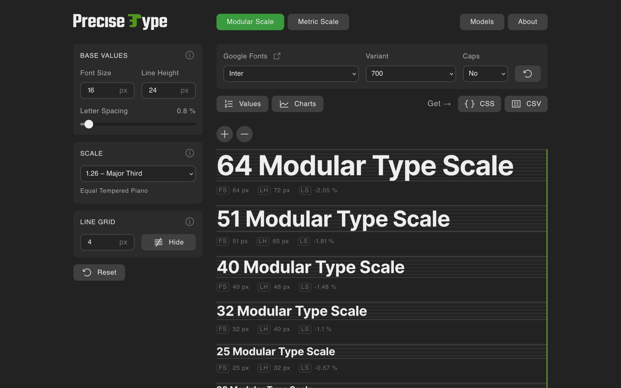 A web interface for Precise Type shows modular type scales. Text samples in decreasing sizes display different scale values, with customisation options on the left panel and a dark theme throughout.