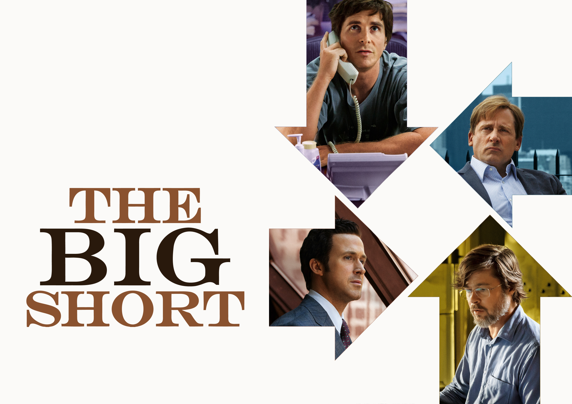 The Big Short film poster with four men inside large coloured arrows, each looking serious or thoughtful, and the film title in bold brown letters on a white background.