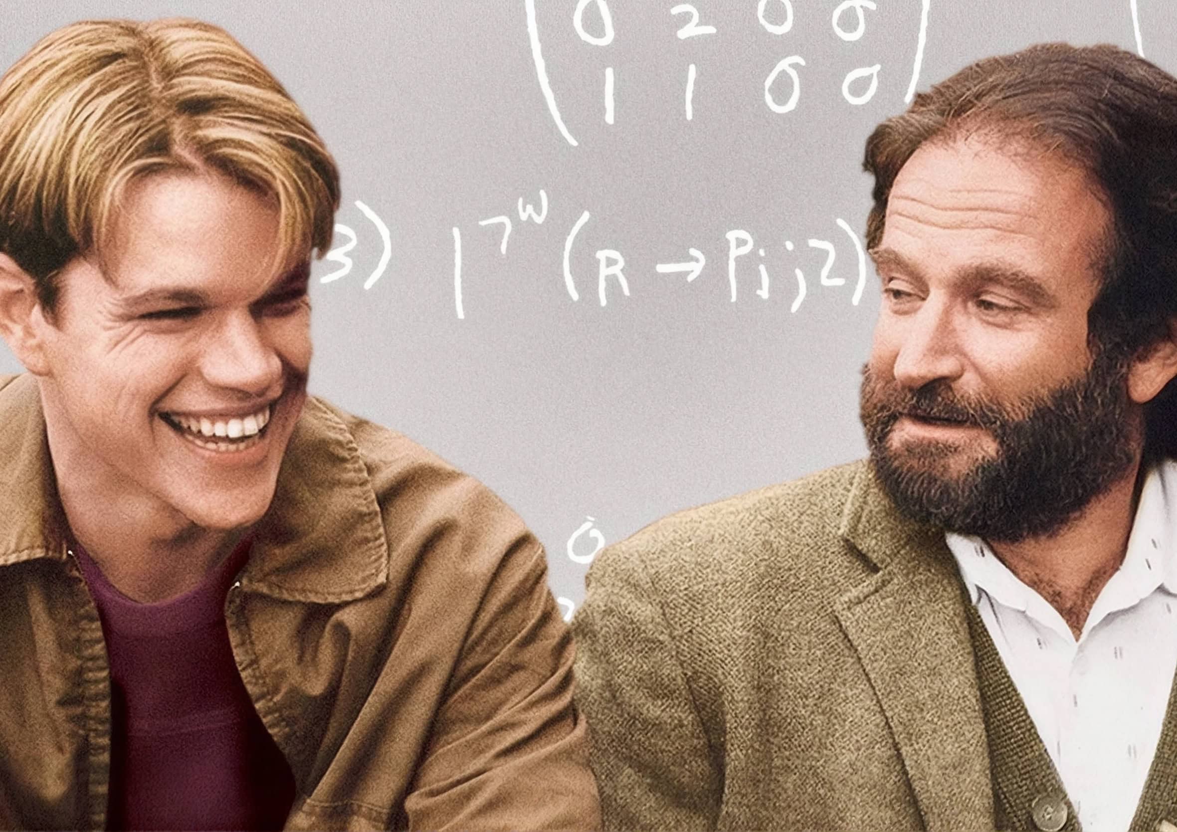 Film still from Good Will Hunting featuring Matt Damon laughing alongside Robin Williams in front of a chalkboard with complex mathematical equations.