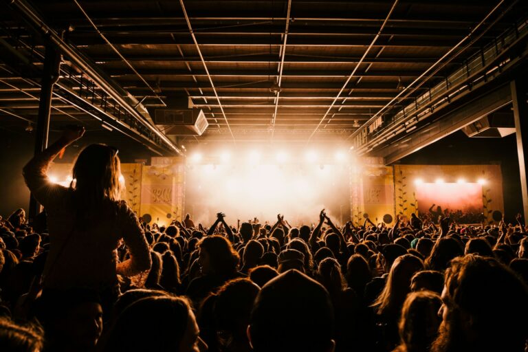 Silhouette of a large crowd cheering inside an industrial venue facing a bright lit stage, representing audience engagement and shared emotional experiences.