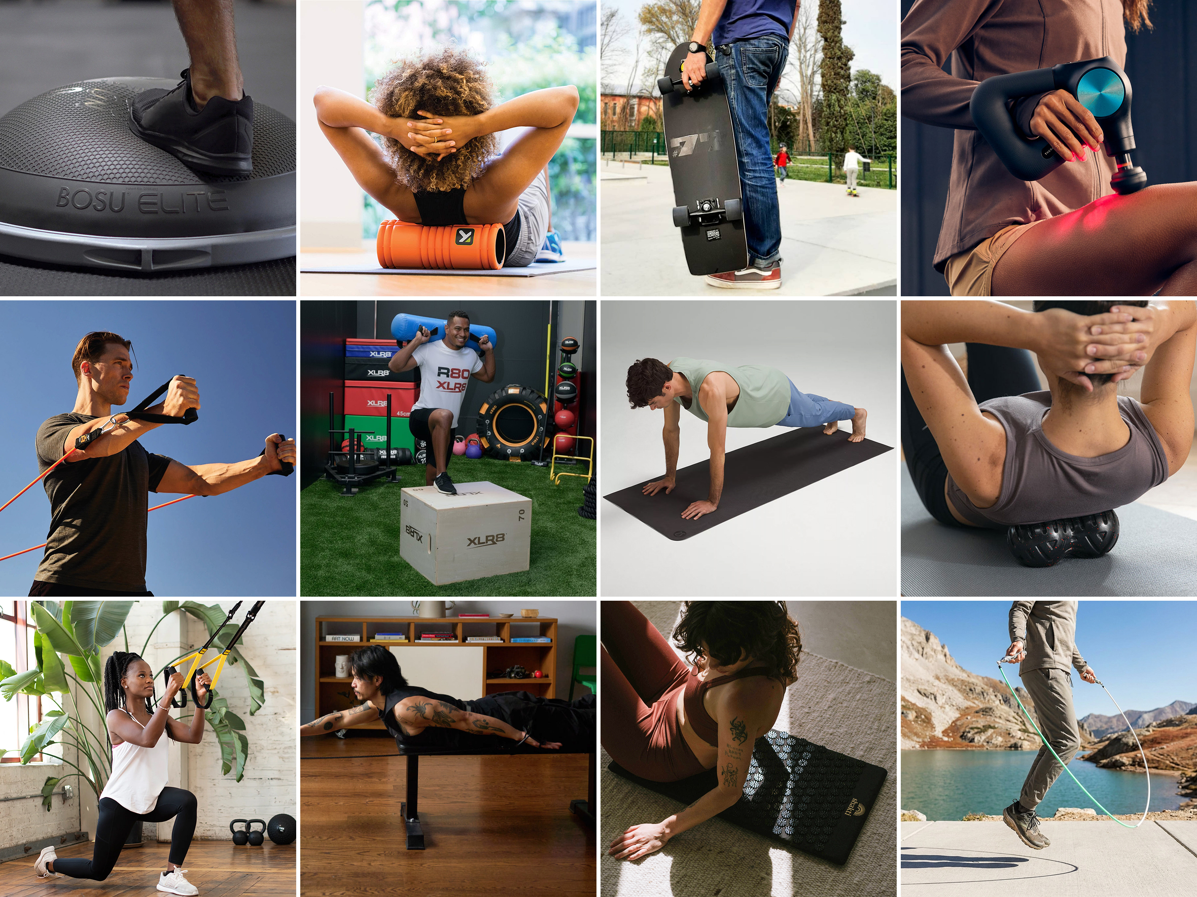 Grid of home gym equipment for surf training, BOSU elite, foam roller, surf skateboard, massage gun, resistance bands, plyo box, yoga mat, TRX straps, and skipping rope"