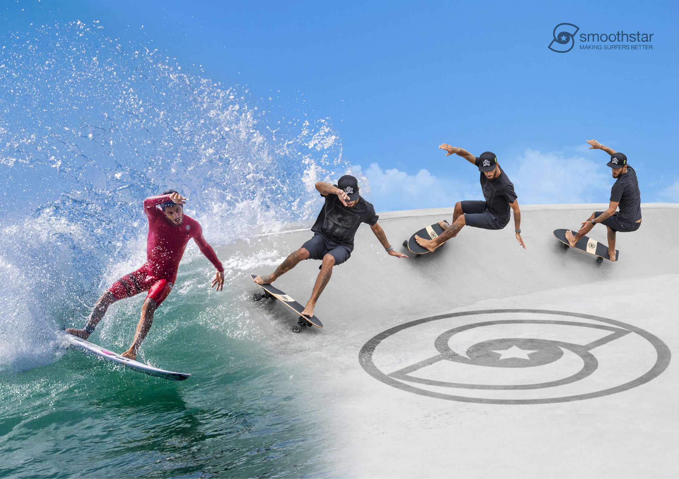 Skateboard transitioning form skatepark to surfing a wave.