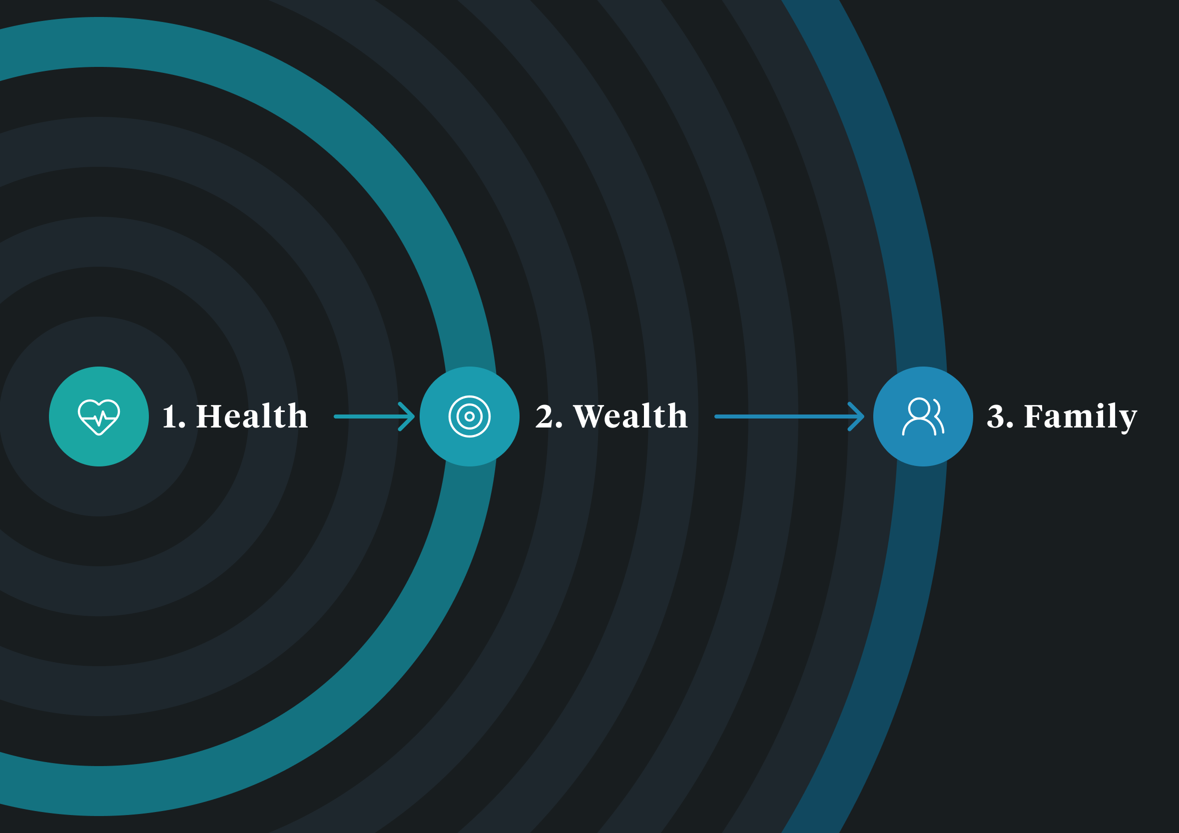 Bullseye diagram showing health, wealth and family as expanding priority rings, Scott Adams' framework