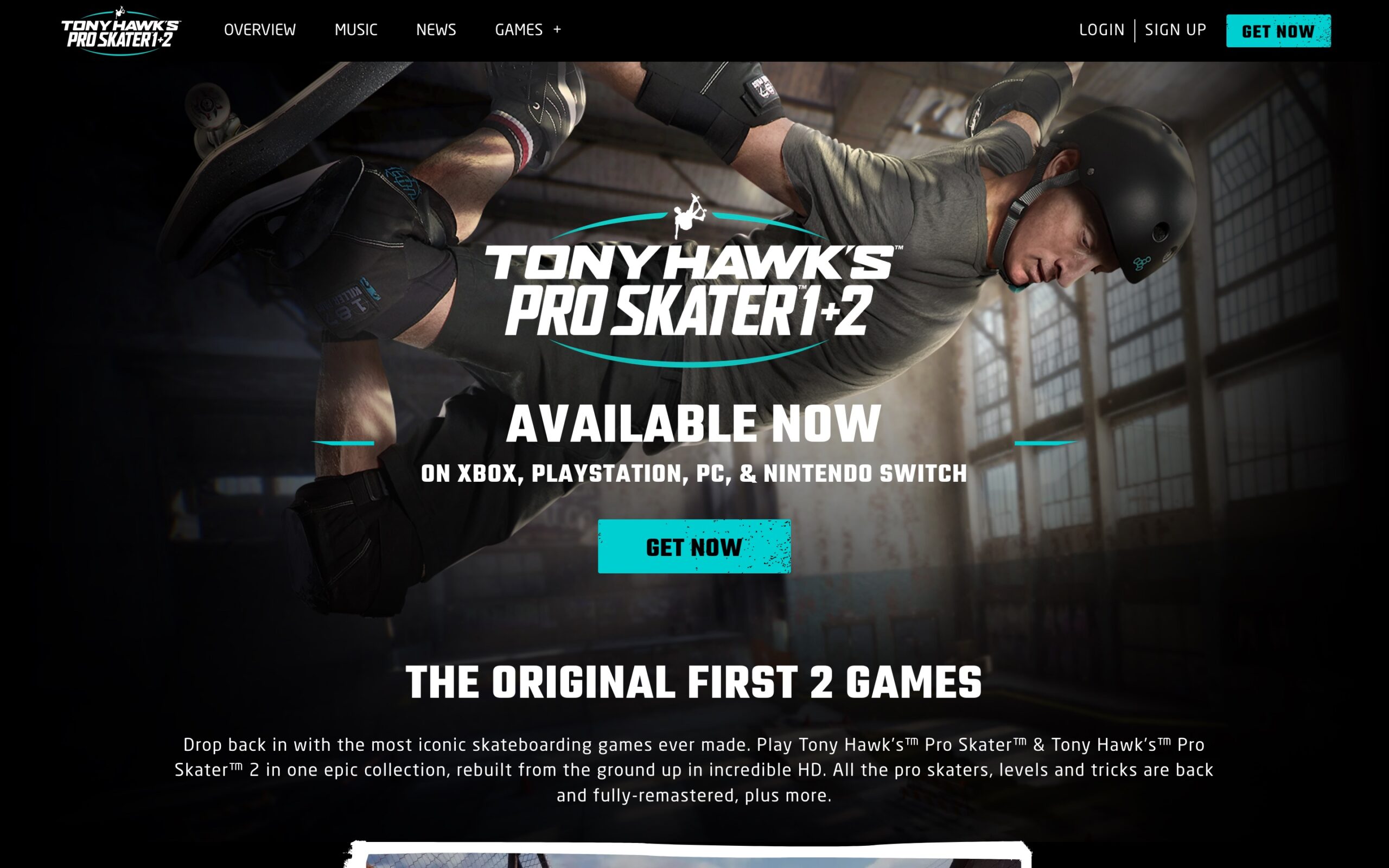 Landing page design for Tony Hawk's Pro Skater 1+2 featuring dynamic action photography, bold typography, and a prominent call-to-action button.