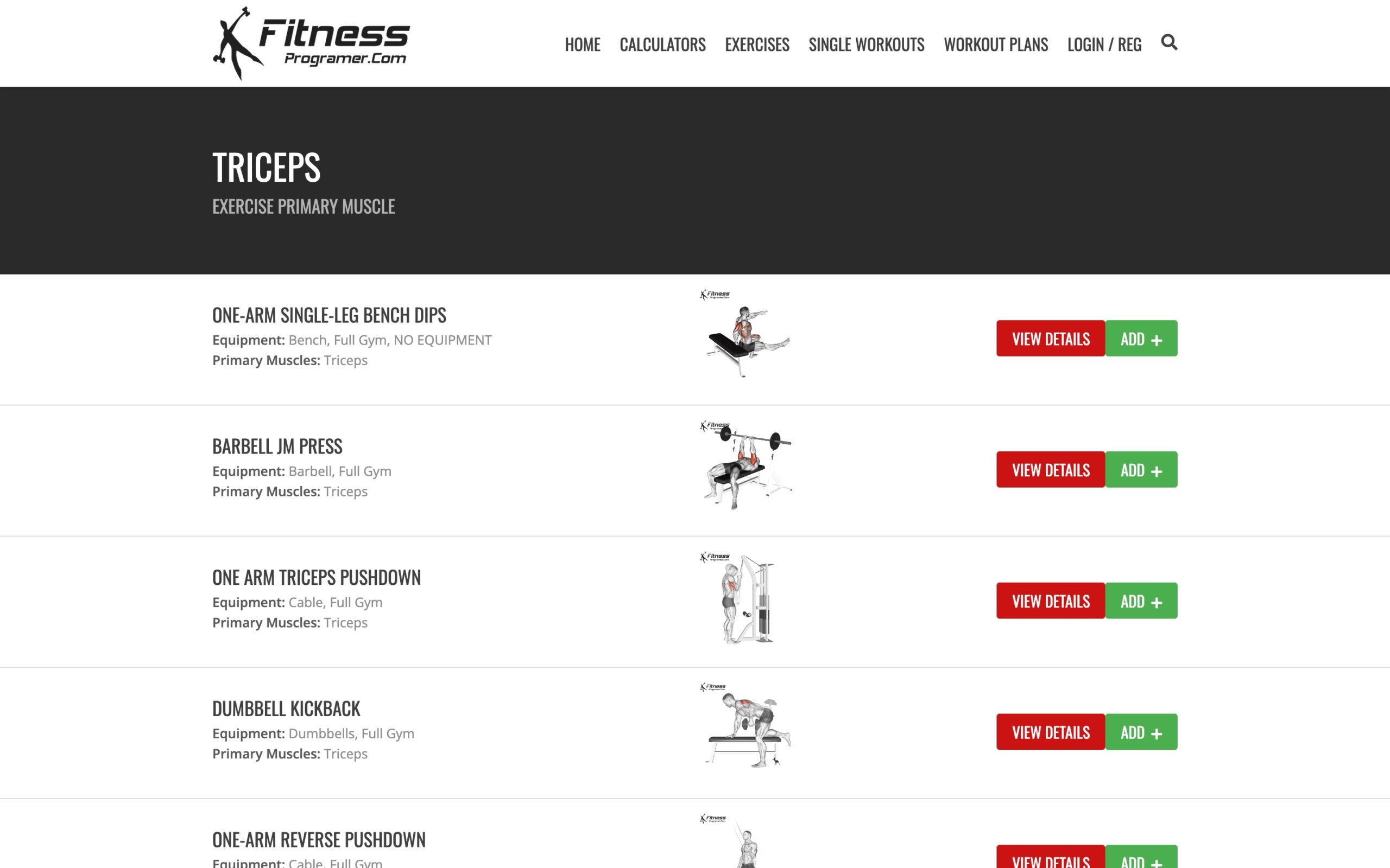 Web UI screenshot of Fitness Programer showing a categorised exercise list for triceps workouts, featuring anatomical illustrations and action buttons to build custom routines.