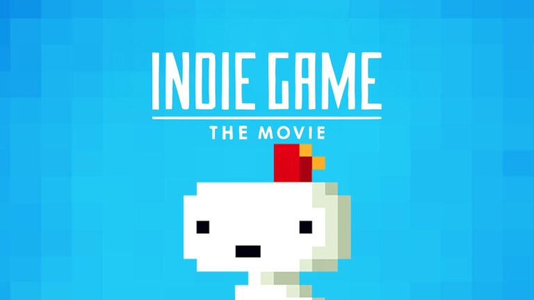 Title card for Indie Game: The Movie featuring a pixelated character wearing a red fez against a blue background, reflecting creative digital storytelling.