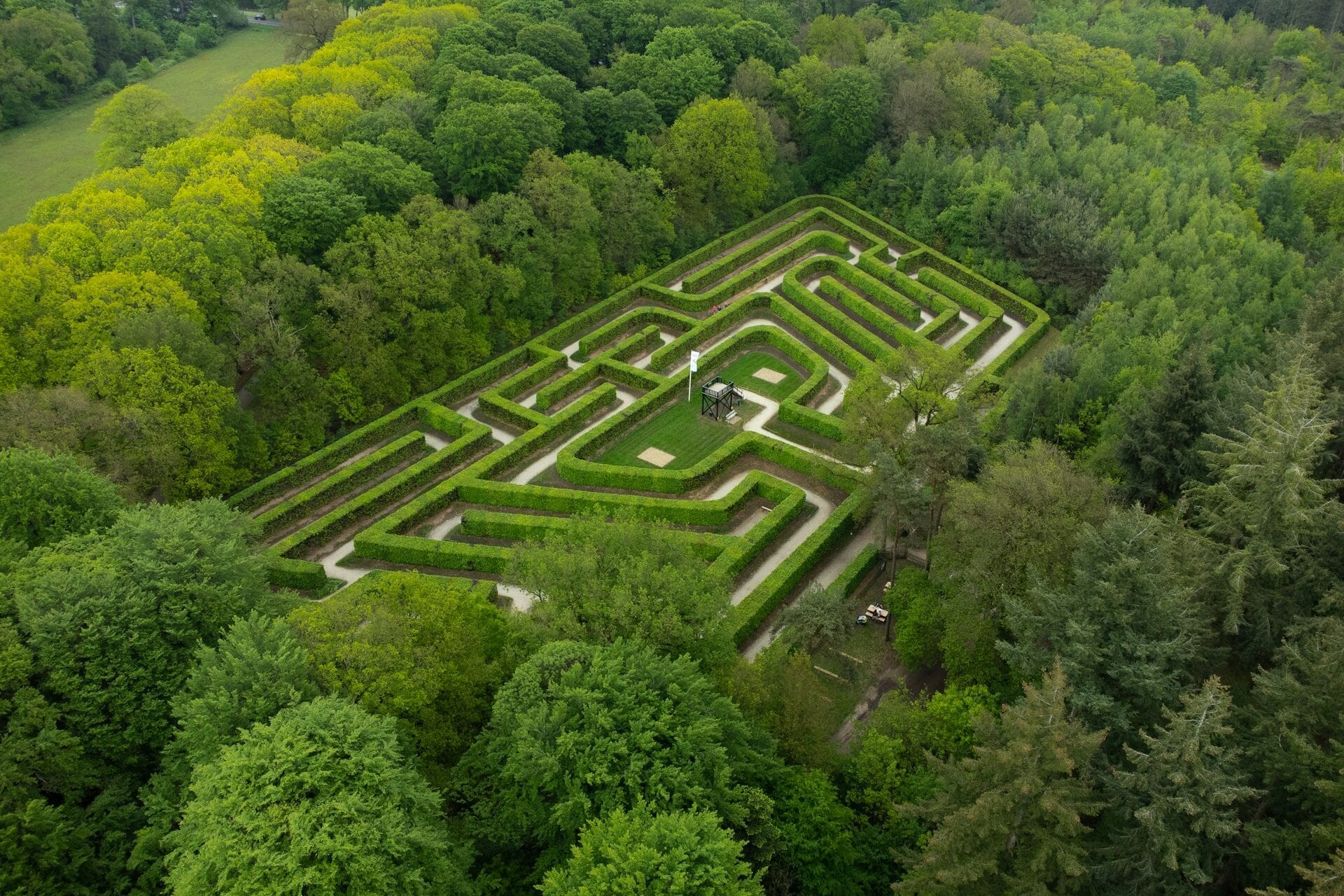 Aerial view of a sprawling green hedge maze surrounded by dense woodland, capturing complex spatial navigation and user flow exploration.