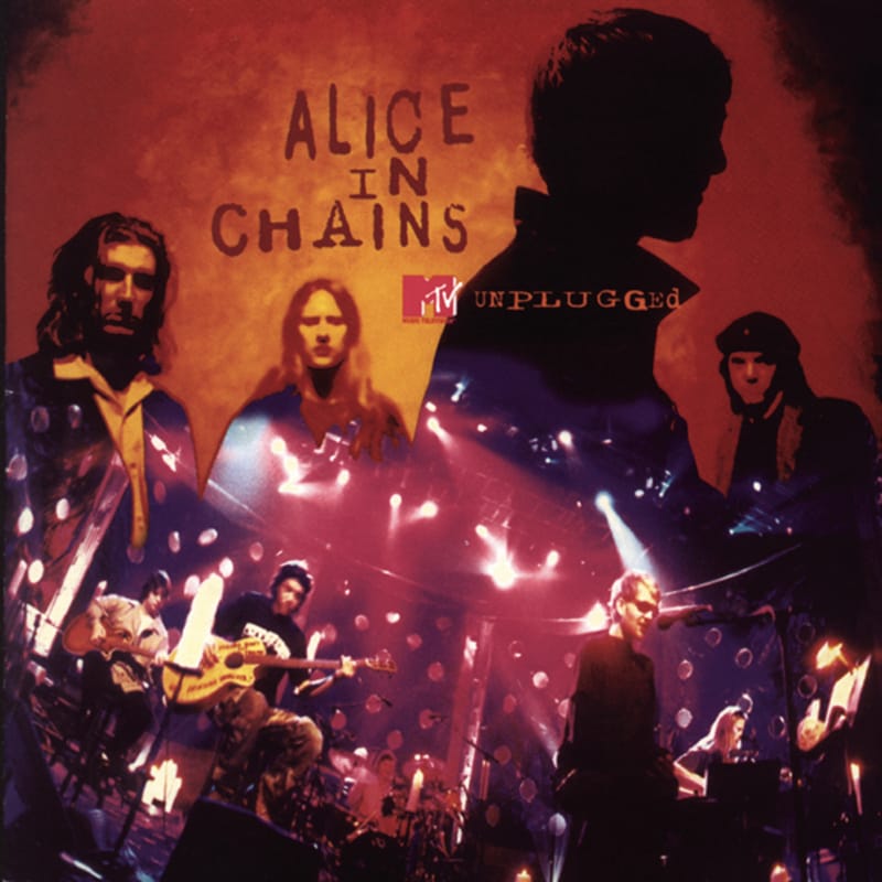 Album cover for Alice In Chains' Unplugged, showing the band performing live on an acoustic stage surrounded by candles.