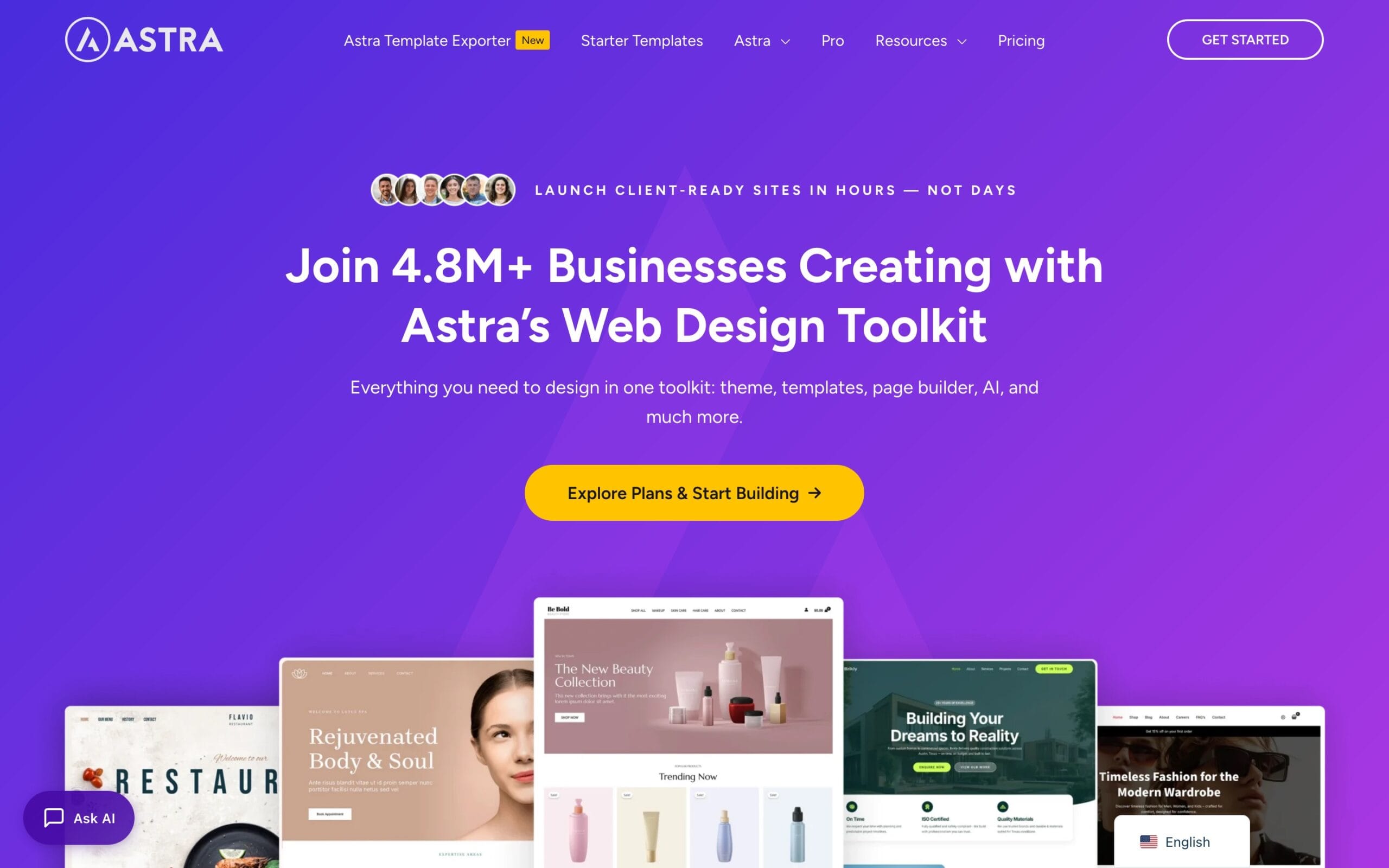 Web page layout preview displaying the bright blue Blocksy theme landing page with headline reading the most innovative, lightning fast and super charged free wordpress theme alongside design template cards, demonstrating website building options.