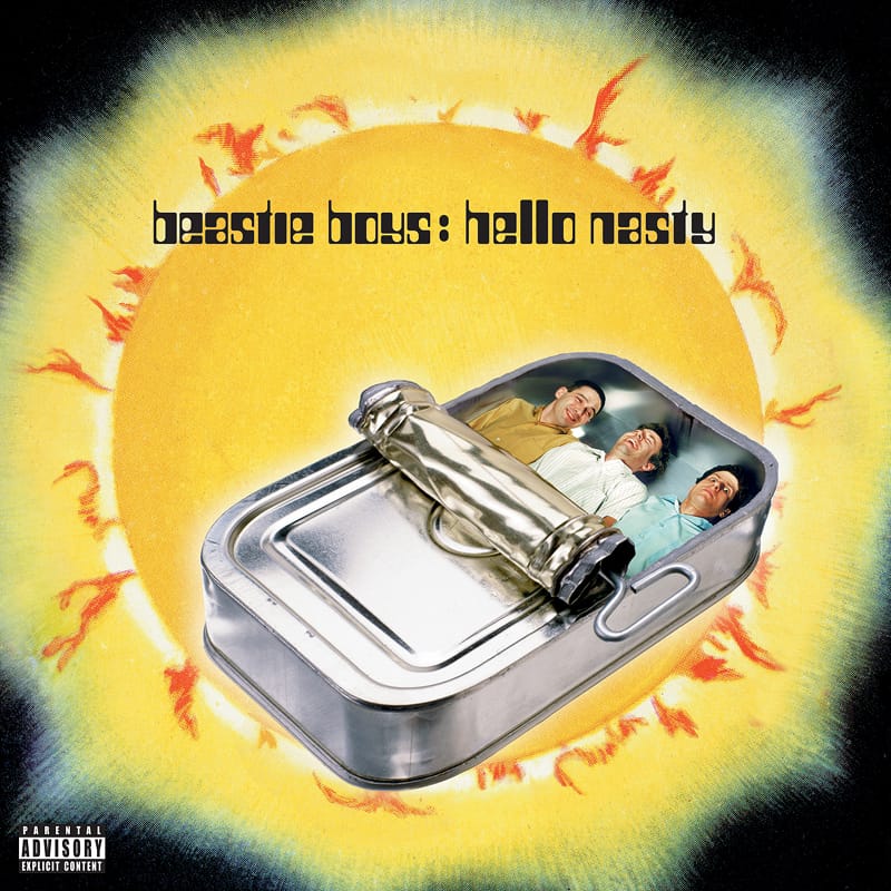 Album graphic for Beastie Boys' Hello Nasty, showing the band members packed inside a giant yellow sardine tin.