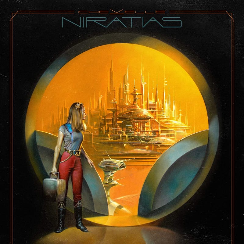 Surreal album artwork for Chevelle's NIRATIAS, showing an astronaut figure standing in a retro-futuristic yellow landscape.