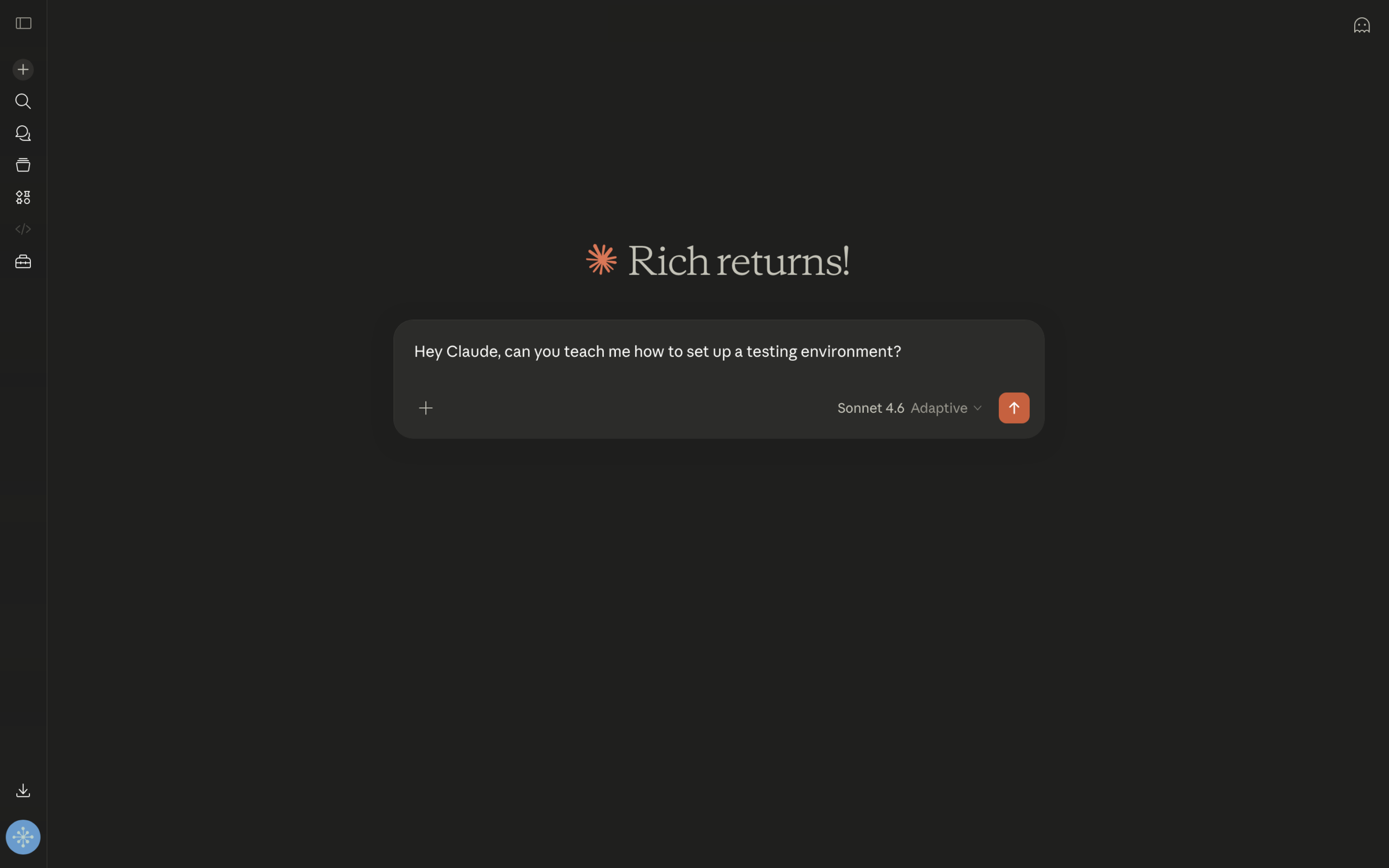 A dark interface displays the message Rich returns! above a chat bubble that reads, Hey Claude, can you teach me how to set up a testing environment?.