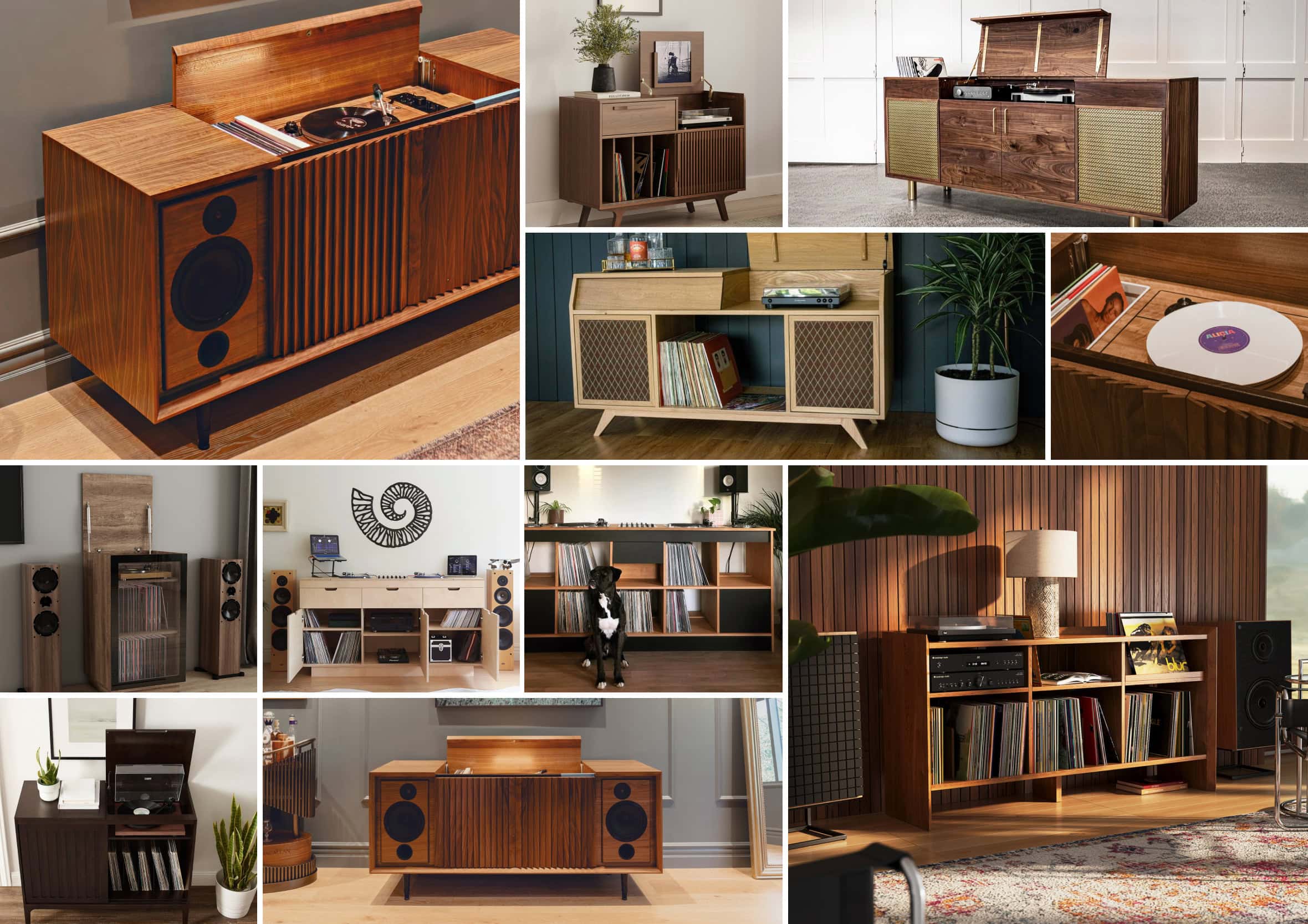 Mood board featuring various mid-century modern wooden Hi-Fi consoles, vinyl record storage units, integrated speaker grilles, and flip-top turntable cabinets.