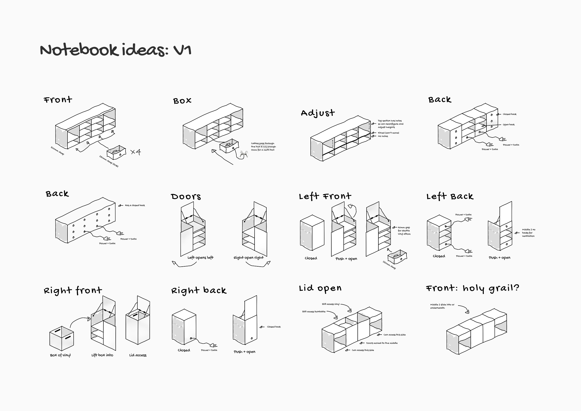 Hand-drawn conceptual sketches showing early design iterations, dimensional specs, and modular layout options for custom Hi-Fi furniture.