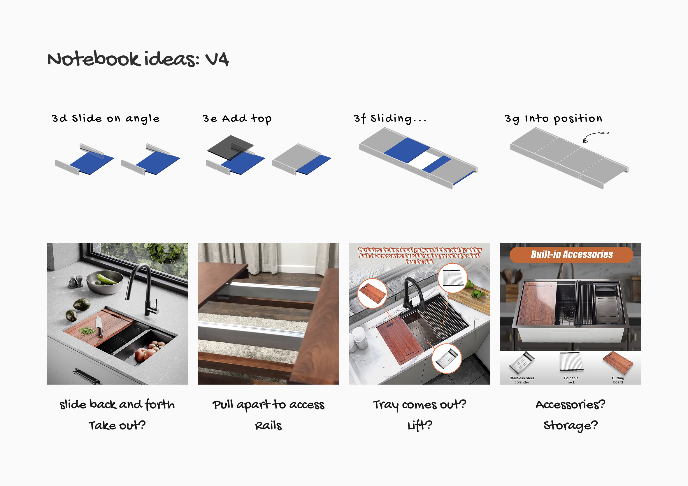 Design research grid illustrating dual-track sliding rail concepts inspired by workstation kitchen sinks and extendable dining tables.