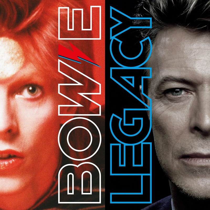 Close-up portrait graphic for David Bowie's Legacy, featuring his signature Aladdin Sane lightning bolt face paint.
