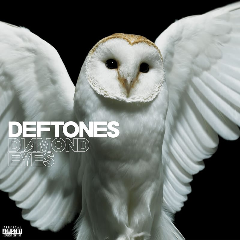 Photographic album cover for Deftones' Diamond Eyes, displaying a striking white barn owl against a dark backdrop.
