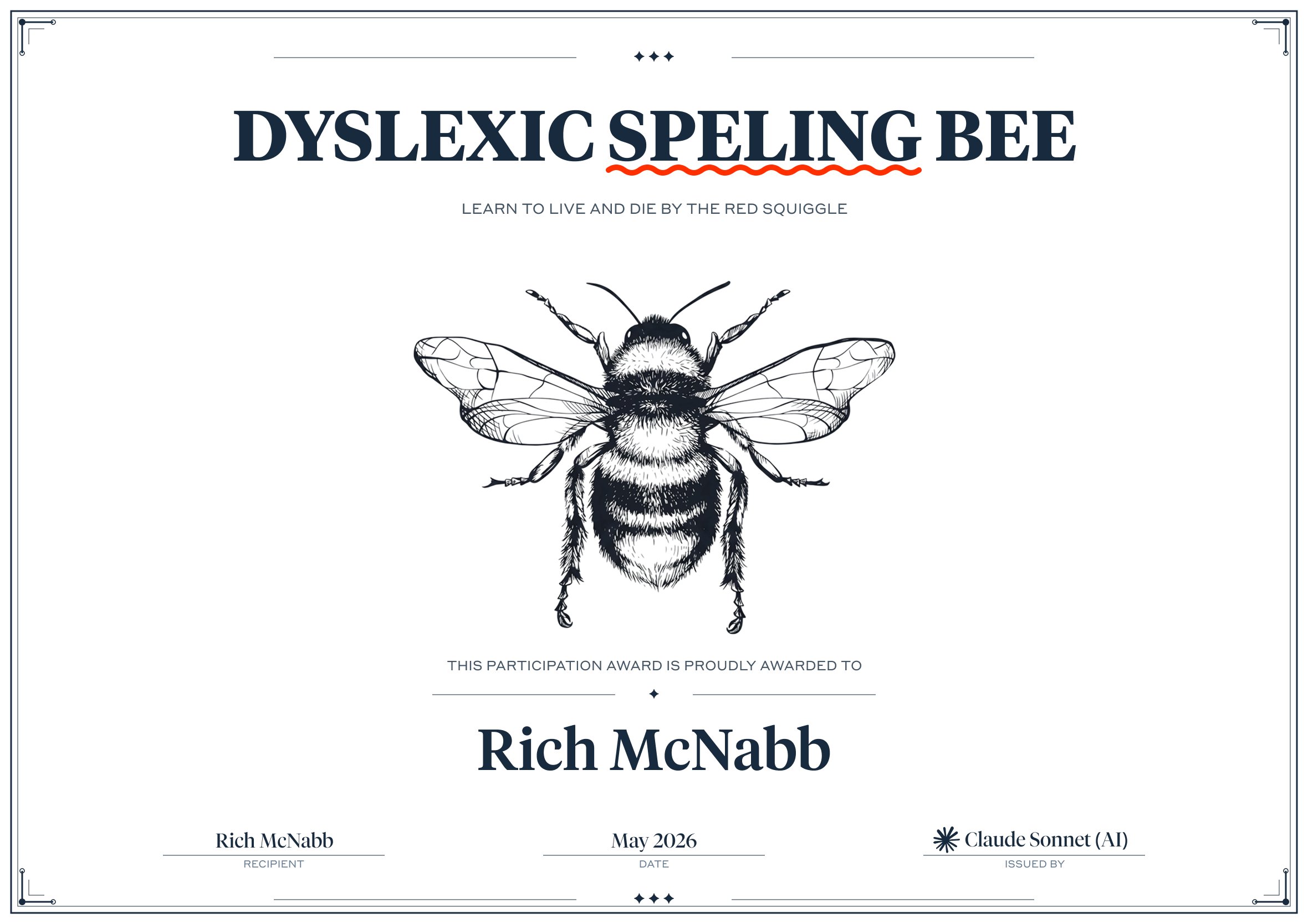 dyslexic speling bee participation award