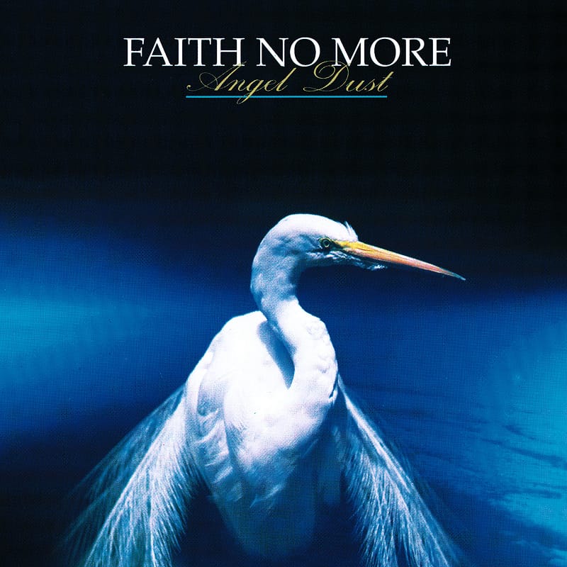 Distinctive album art for Faith No More's Angel Dust, depicting a great egret bird against a deep blue backdrop.