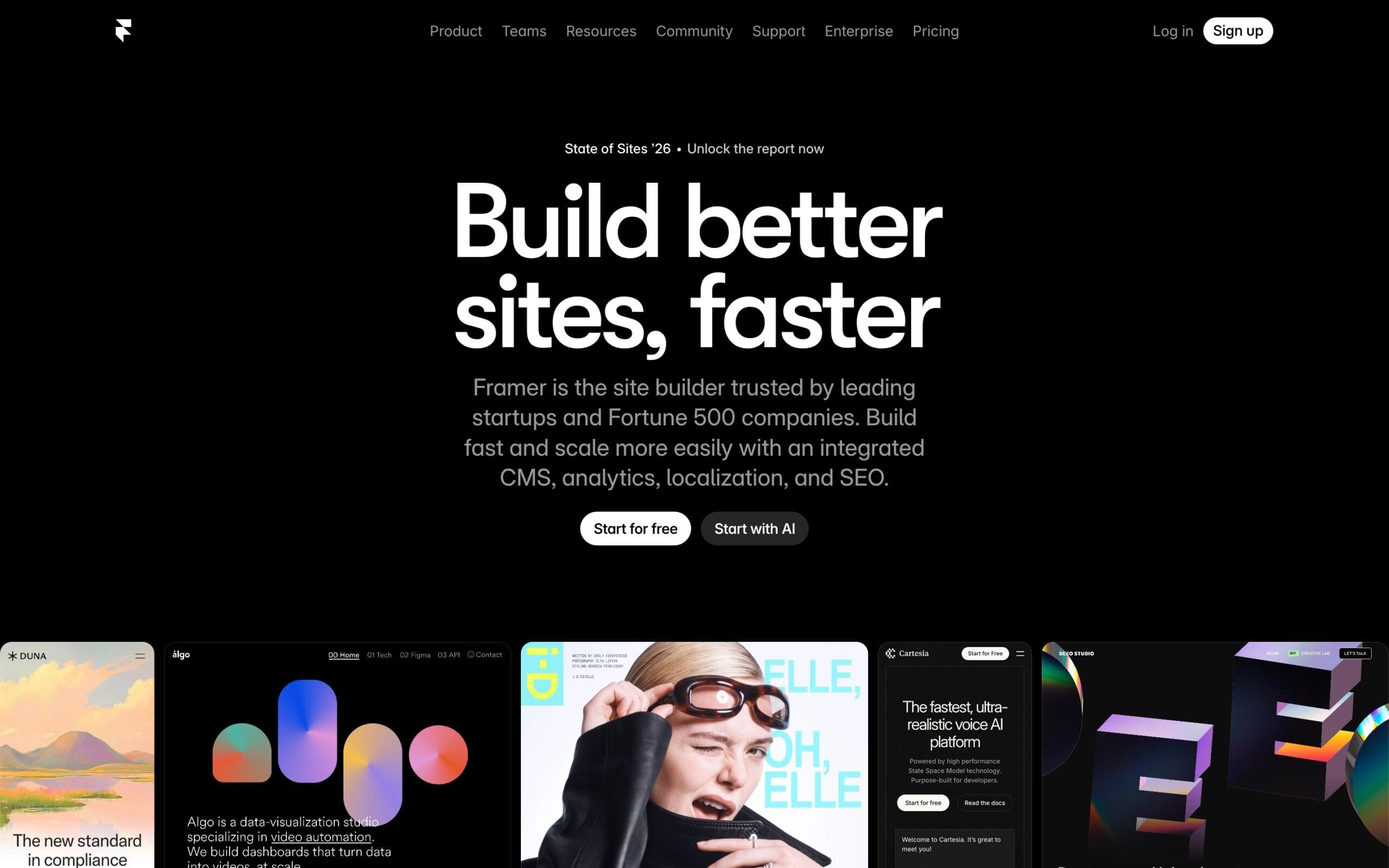 Digital design software interface showing the dark mode Framer landing page featuring prominent text reading build better sites, faster above featured website case study thumbnails, demonstrating modern web design tools.