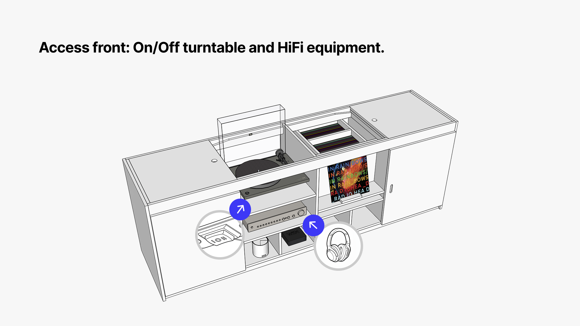 Detailed CAD drawing of custom Hi-Fi furniture highlighting front access to the turntable power switch, receiver, and dedicated headphone storage shelf.
