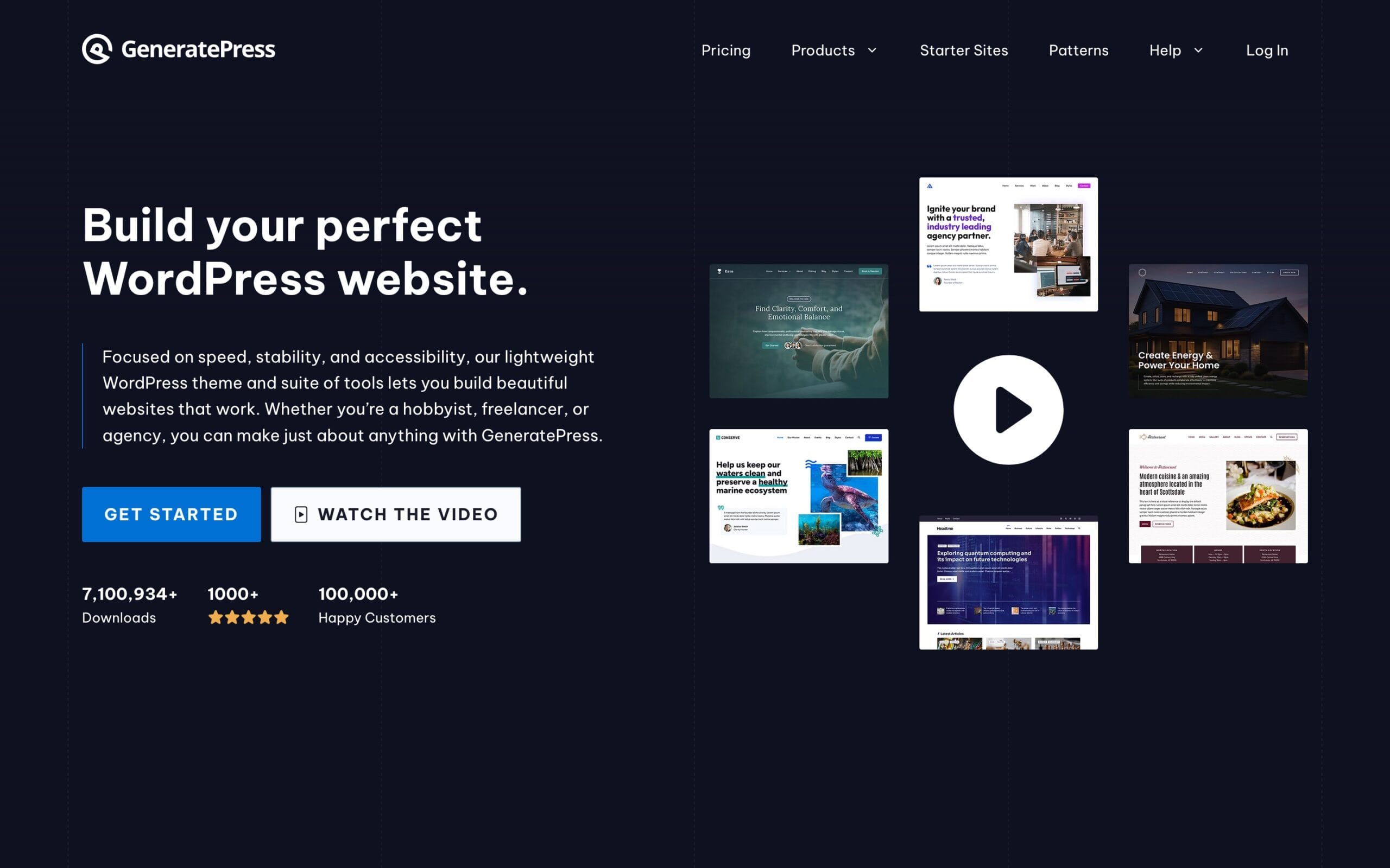 Web design platform interface featuring the dark GeneratePress homepage with white bold text reading build your perfect WordPress website alongside sample site layout previews, highlighting performance-focused themes.