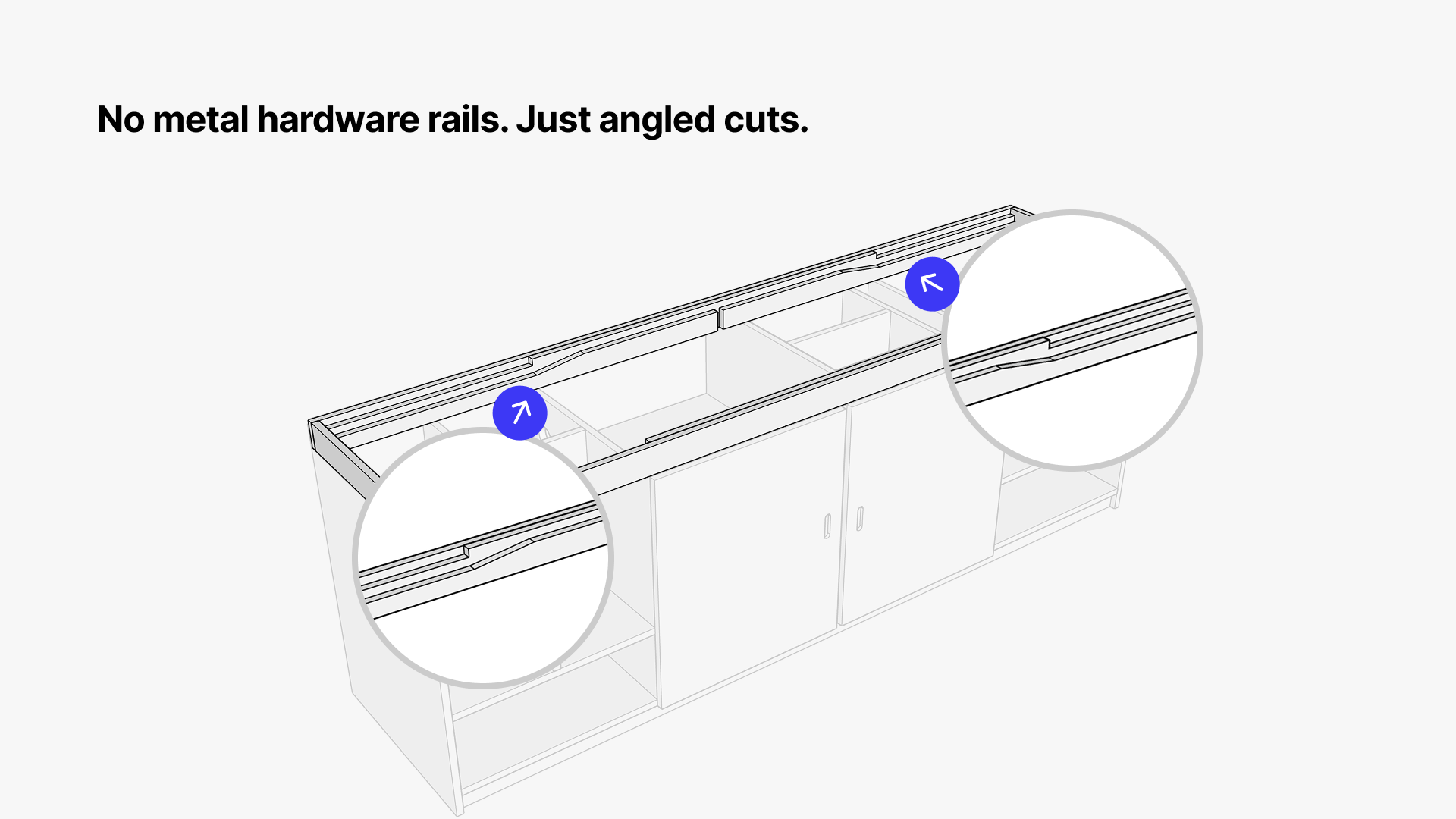 Close-up 3D detail diagram of custom Hi-Fi furniture showcasing integrated angled wooden cuts used for sliding top panels instead of metal hardware runners.
