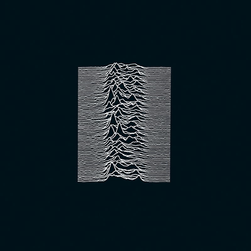 Minimalist graphic artwork for Joy Division's Unknown Pleasures, showing white radio frequency data lines on a black background.