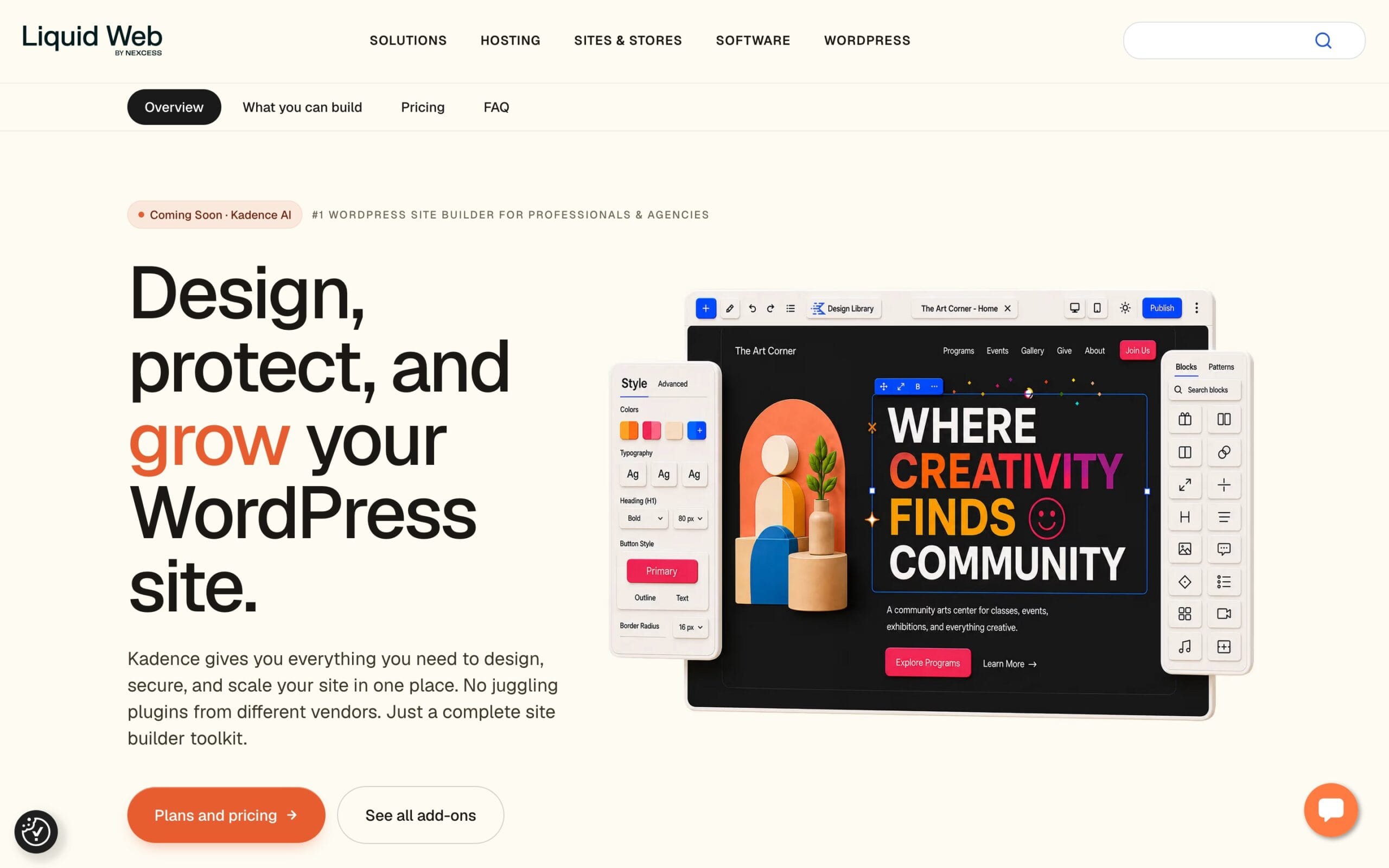 Website builder interface showing the light cream Kadence landing page featuring hero copy reading design, protect, and grow your WordPress site alongside interactive UI control panels, demonstrating block theme editing capabilities.