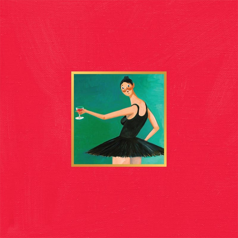 Framed surrealist painting for Kanye West's My Beautiful Dark Twisted Fantasy, depicting a winged creature on a red background.