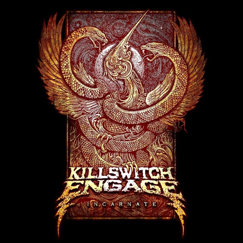 Intricate gold and red sleeve art for Killswitch Engage's Incarnate, depicting a mythical winged serpent and phoenix.