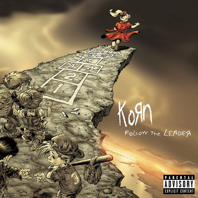Illustrated album cover for Korn's Follow The Leader, showing a child playing hopscotch at the edge of a cliff.