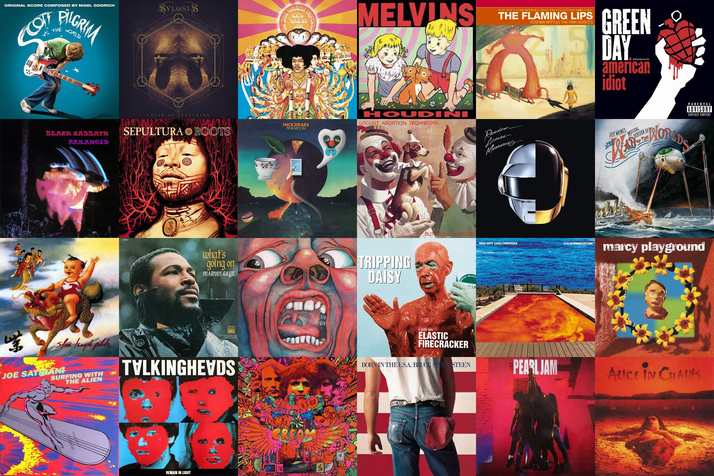 Collage grid featuring iconic album covers including Scott Pilgrim, Red Hot Chili Peppers, Daft Punk, Black Sabbath, Marvin Gaye, and Pearl Jam.