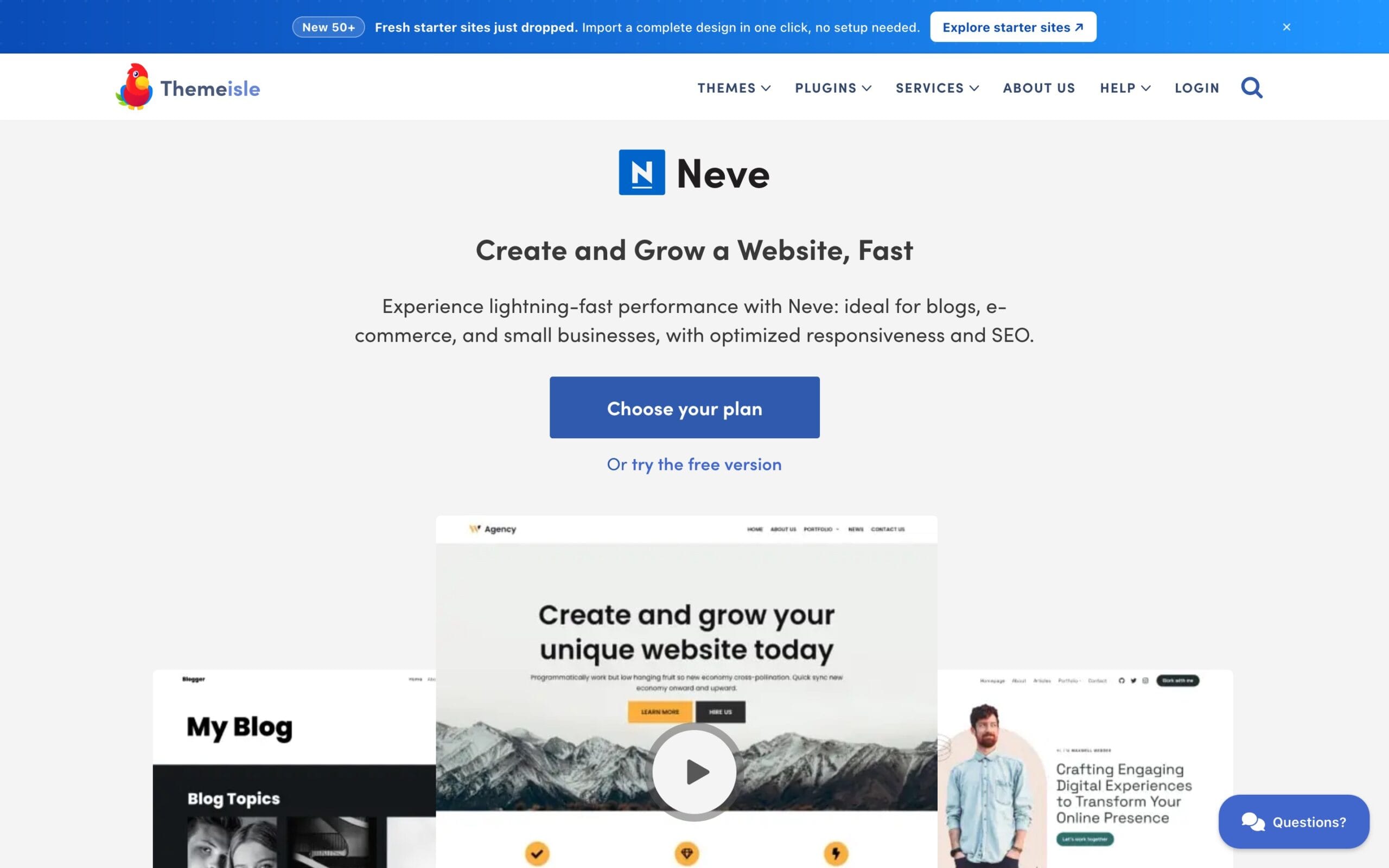 Web page design preview showcasing the minimalist Neve theme landing page with main heading reading create and grow a website, fast surrounded by responsive template previews, showing flexible layout options.