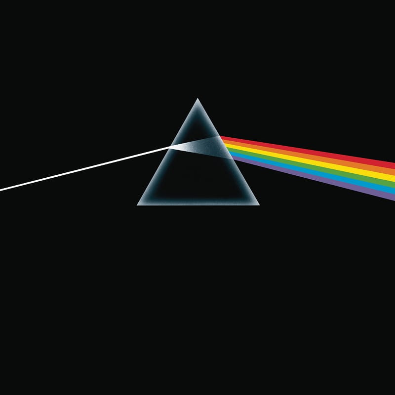 Prism vector artwork for Pink Floyd's Dark Side Of The Moon, featuring a light beam refracting into a rainbow spectrum.