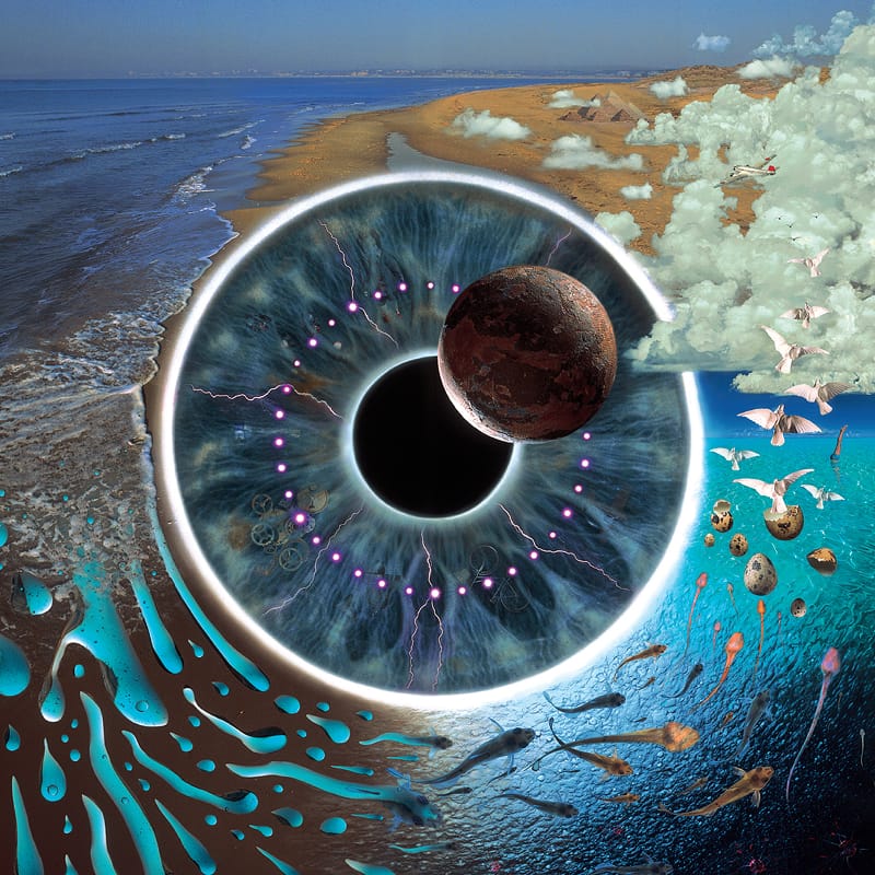 Cosmic visual design for Pink Floyd's live album Pulse, depicting a central eye motif surrounded by glowing orbital rings.
