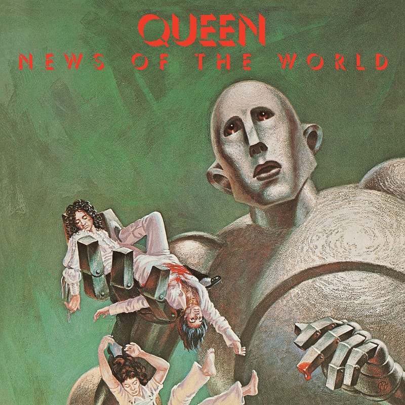 Sci-fi illustration for Queen's News Of The World, featuring a giant metallic robot holding damaged figures in its hand.